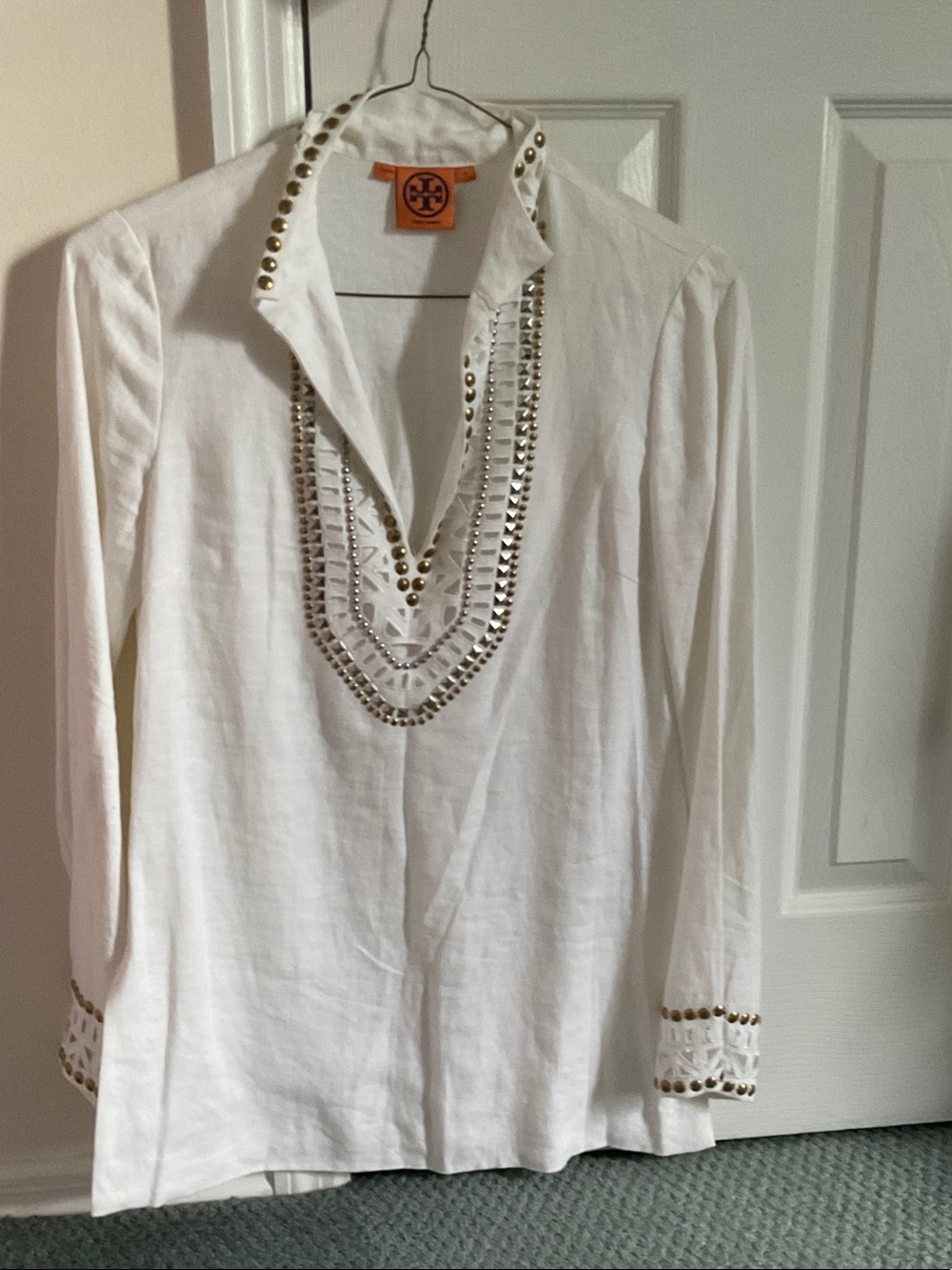 Tory Burch White Studded V-Neck Embellished Tunic